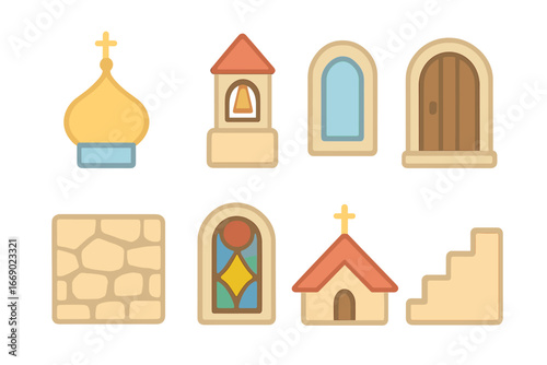 Church Architecture Icons. Flat vector mini-illustrations church architecture details in colors children's illustrations: onion