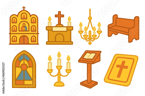 Church Interior Icons. Flat vector mini-illustrations church interior details in colors children's illustrations: iconostasis wall