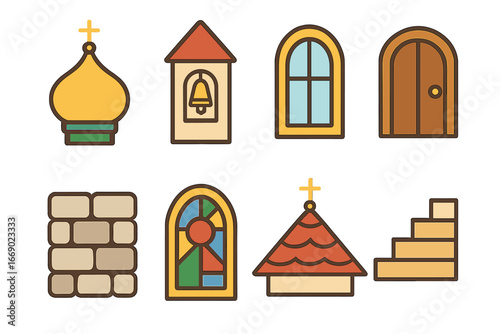 Church Architecture Icons. Flat vector mini-illustrations church architecture details in colors children's illustrations: onion