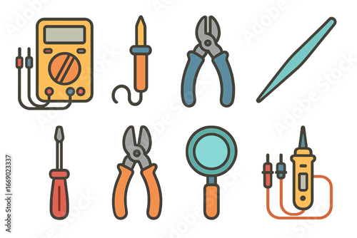 Circuit Tools Icons. Flat vector mini-illustrations circuit tools in colors children's illustrations: multimeter, soldering iron,