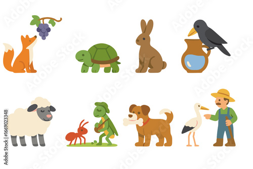 Classic Fables Icons. Flat vector mini-illustrations classic fables in colors children's illustrations: fox and grapes, tortoise