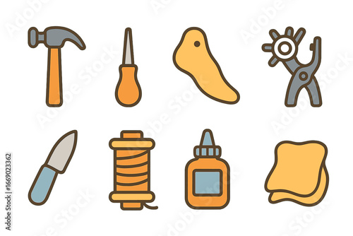 Cobbler Tools Grid. Flat vector mini-illustrations cobbler tools in colors children's illustrations: cobbler hammer, stitching awl
