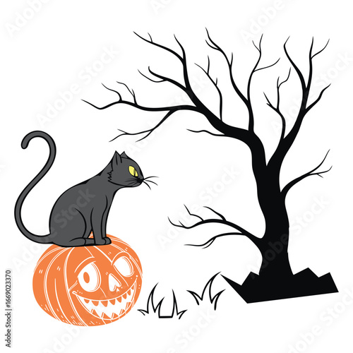 Spooky black cat sits on a jack o lantern next to a bare tree on halloween night
