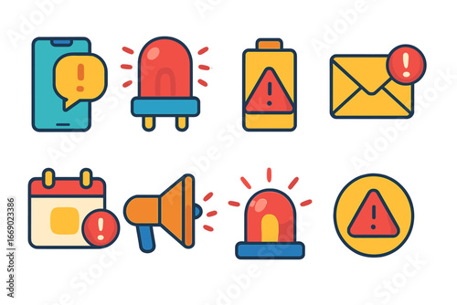 Colorful Alert Icons. Flat vector mini-illustrations electronic alerts in colors children's illustrations: smartphone notification