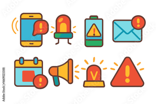 Colorful Alert Icons. Flat vector mini-illustrations electronic alerts in colors children's illustrations: smartphone notification