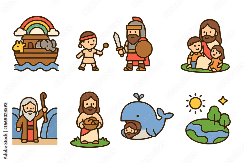 Fototapeta premium Colorful Bible Tales. Flat vector mini-illustrations bible stories in colors children's illustrations: Noah's ark, David and