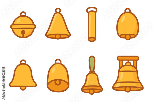 Colorful Bell Icons. Flat vector mini-illustrations bell shapes in colors children's illustrations: round bell, conical bell,