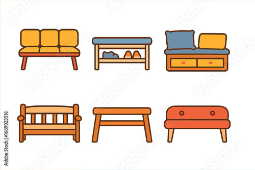 Colorful Bench Illustrations. Flat vector mini-illustrations indoor benches in colors children's illustrations: waiting room bench