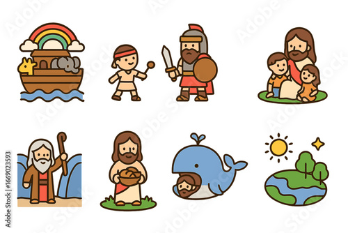 Colorful Bible Tales. Flat vector mini-illustrations bible stories in colors children's illustrations: Noah's ark, David and