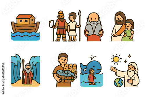 Colorful Bible Tales. Flat vector mini-illustrations bible stories in colors children's illustrations: Noah's ark, David and