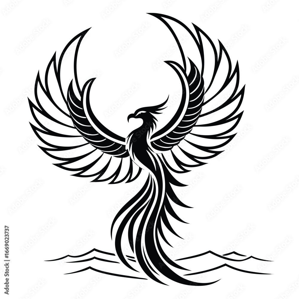 Obraz premium Phoenix wings glowing inside neon water silhouette