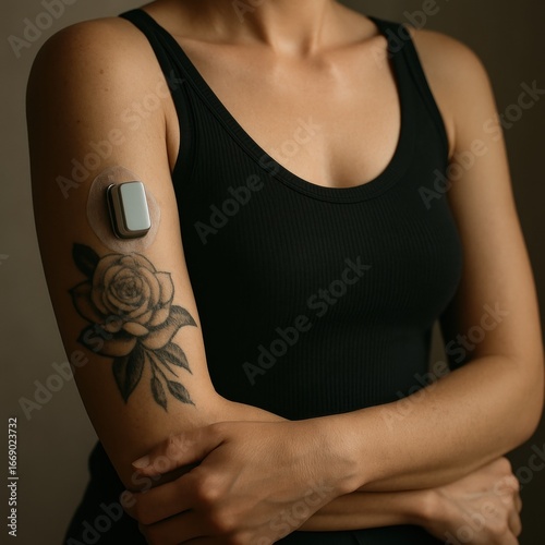Female wearing insulin patch on arm with rose tattoo in black tank top