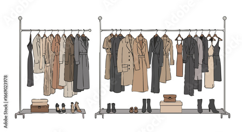 Vector illustration of Curated rack of luxury vintage clothing in a minimalist boutique