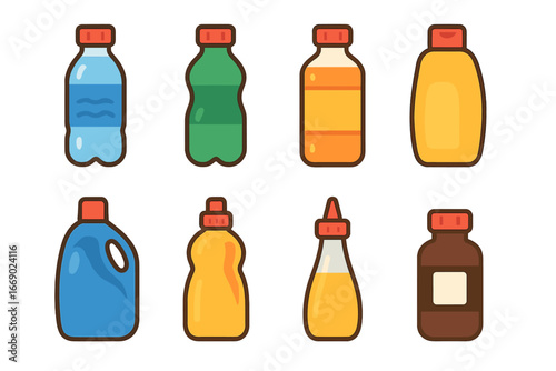 Colorful Bottle Cap Uses. Flat vector mini-illustrations plastic bottle cap uses in colors children's illustrations: water bottle,