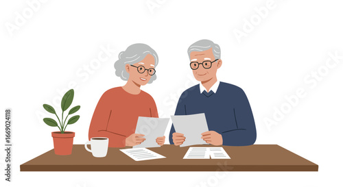 Vector illustration of Senior couple reviewing social security benefits together at home