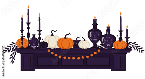 Vector illustration of Spooky elegant mantelpiece Halloween decor with black candles and skull decorations