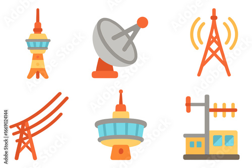 Colorful Broadcast Icons. Flat vector mini-illustrations TV tower in colors children's illustrations: tall broadcast tower,