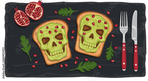 Vector illustration of Elegant skull-shaped avocado toast with pomegranate blood drizzle, Spooky food