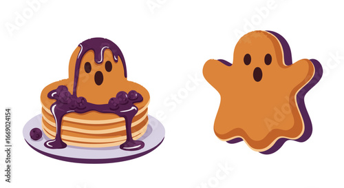 Vector illustration of Spooky ghost pancakes with berry compote and powdered sugar