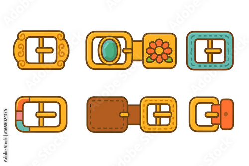 Colorful Buckle Icons. Flat vector mini-illustrations decorative buckles in colors children's illustrations: ornate buckle,
