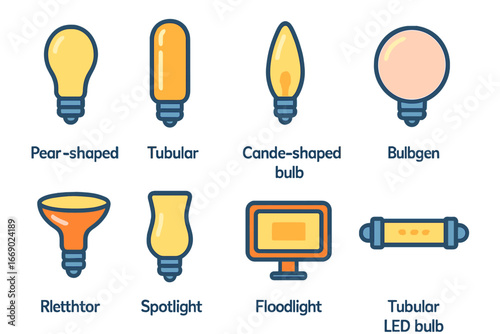 Colorful Bulb Illustrations. Flat vector mini-illustrations bulb types by shape in colors children's illustrations: pear-shaped