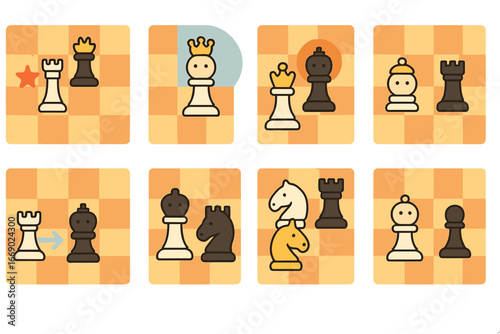 Colorful Chess Puzzles. Flat vector mini-illustrations chess puzzles in colors children's illustrations: mate in one, mate in two,