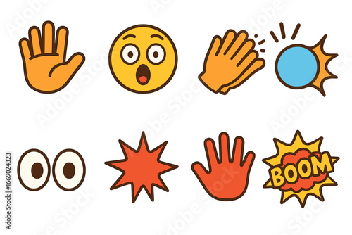 Colorful Children's Icons. Flat vector mini-illustrations slap in colors children's illustrations: open hand, face with surprise,