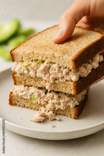 Hand holding delicious tuna salad sandwich with fresh bread and filling