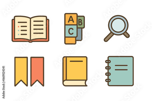 Colorful Children's Book Tools. Flat vector mini-illustrations index in colors children's illustrations: open book with index,