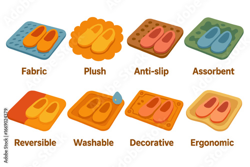 Colorful Children's Shoe Mats. Flat vector mini-illustrations shoe mats for indoors in colors children's illustrations: fabric mat
