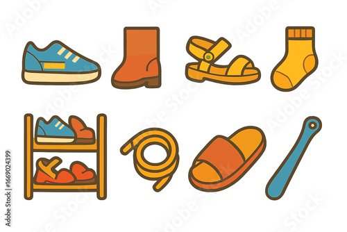 Colorful Children's Shoe Icons. Flat vector mini-illustrations shoe shelf sock in colors children's illustrations: sneaker, boot,