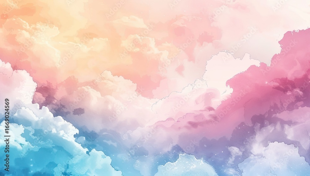 Naklejka premium A dreamy, pastel-hued cloudscape, exhibiting a soft, ethereal quality. Colors transition smoothly from cool blues and teals at the bottom to warm oranges and pinks at the top