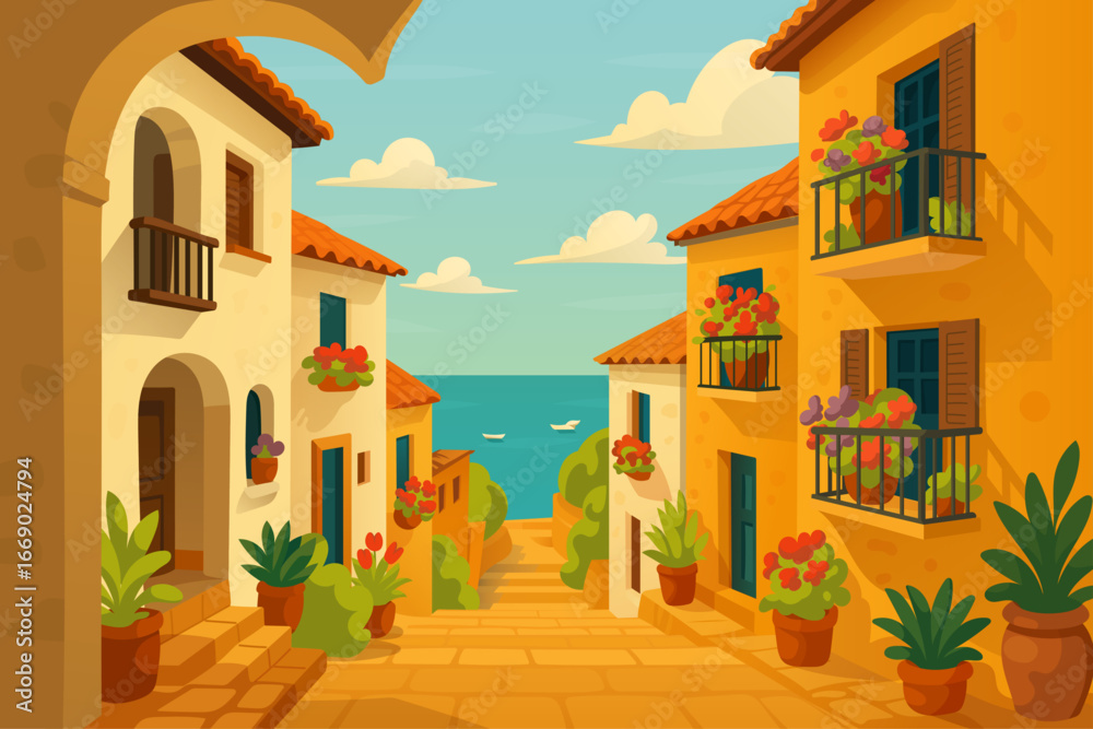Obraz premium Mediterranean Town street with stone houses, balconies, flowers in pots, sea view and blue sky. Travel tourism background, summer vacation concept, flat cartoon landscape