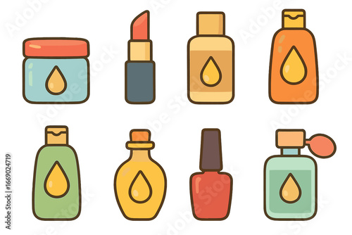 Colorful Cosmetics Collection. Flat vector mini-illustrations oil-based cosmetics in colors children's illustrations: moisturizer