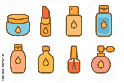 Colorful Cosmetics Collection. Flat vector mini-illustrations oil-based cosmetics in colors children's illustrations: moisturizer