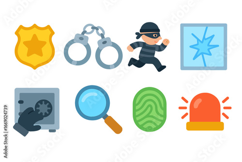 Colorful Crime Icons. Flat vector mini-illustrations crime in colors children's illustrations: police badge, handcuffs, thief