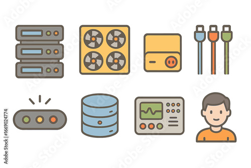 Colorful Data Center Icons. Flat vector mini-illustrations data center in colors children's illustrations: server racks, cooling