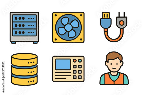 Colorful Data Center Icons. Flat vector mini-illustrations data center in colors children's illustrations: server racks, cooling
