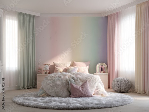 A pastel-colored bedroom, f...