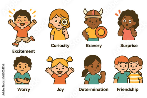 Colorful Emotion Icons. Flat vector mini-illustrations quest emotions in colors children's illustrations: excitement, curiosity,