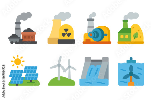 Colorful Energy Icons. Flat vector mini-illustrations power generation types in colors children's illustrations: coal plant,