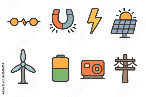 Colorful Energy Icons. Flat vector mini-illustrations conductor energy in colors children's illustrations: electric current,