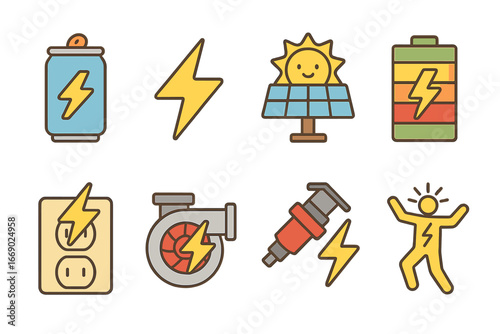 Colorful Energy Icons. Flat vector mini-illustrations energy booster in colors children's illustrations: energy drink, lightning