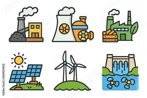 Colorful Energy Icons. Flat vector mini-illustrations power generation types in colors children's illustrations: coal plant,