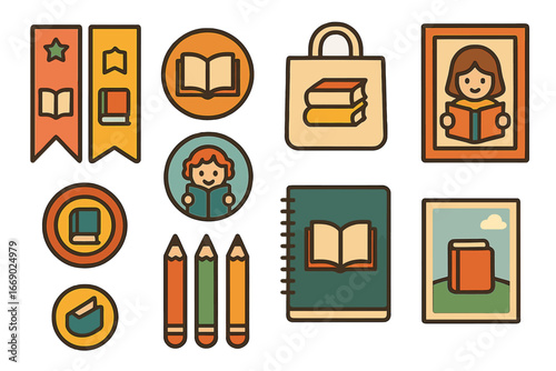 Colorful Fair Souvenirs. Flat vector mini-illustrations book fair souvenirs in colors children's illustrations: bookmarks,