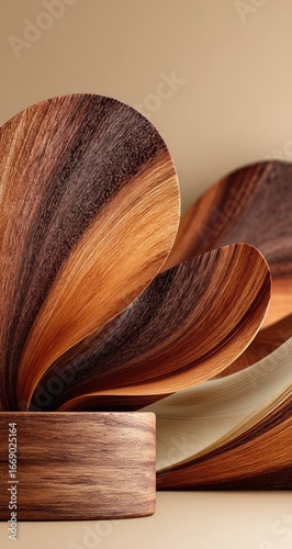 Abstract wood shapes, elegant curves, warm tones