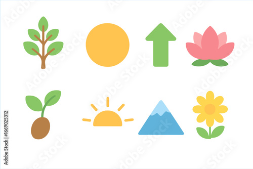 Colorful Growth Icons. Flat vector mini-illustrations growth metaphors in colors children's illustrations: growing tree, expanding