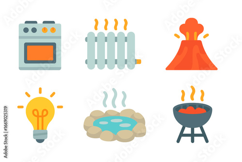 Colorful Heat Sources. Flat vector mini-illustrations sources of heat in colors children's illustrations: stove, radiator,