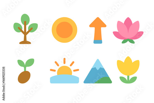 Colorful Growth Icons. Flat vector mini-illustrations growth metaphors in colors children's illustrations: growing tree, expanding