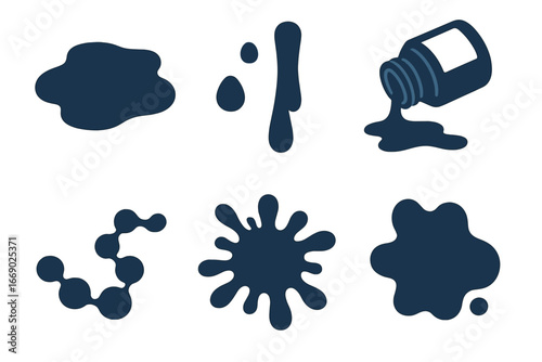Colorful Ink Splashes. Flat vector mini-illustrations ink spills in colors children's illustrations: ink puddle, ink drops, ink